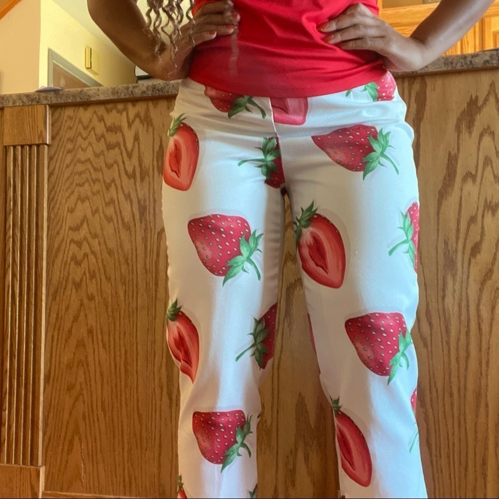 Vintage novelty cottagecore cropped slim pants strawberry fruit trousers pants